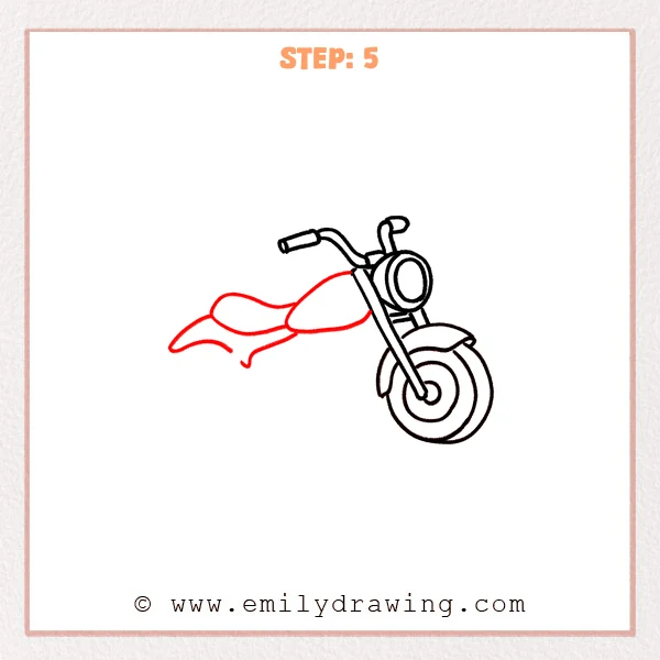 how to draw a cartoon motorcycle - Cartoon motorcycle sketch adds a rounded fuel tank and a simple seat shape extending left from the headlight area.